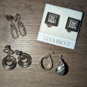 Vintage Clip On Earrings Lot Of 4 Pairs Nina Ricci, Cora, Etc
